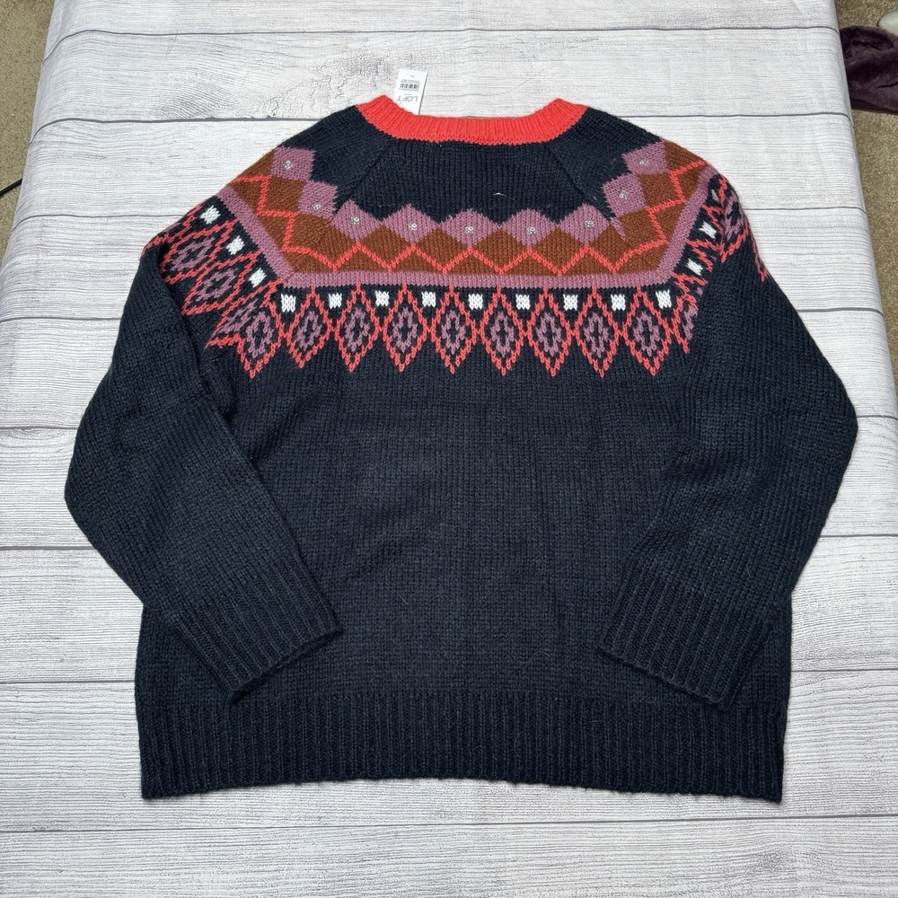 Loft Outlet Fair Isle Navy Coral Crew Neck Sweater Size XL NWT - Picture 3 of 4